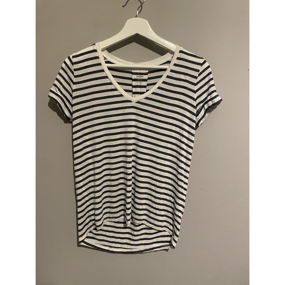 Majestic‎ Paris Neiman Blue White Striped V Neck Short Sleeve T Shirt Top Size 1